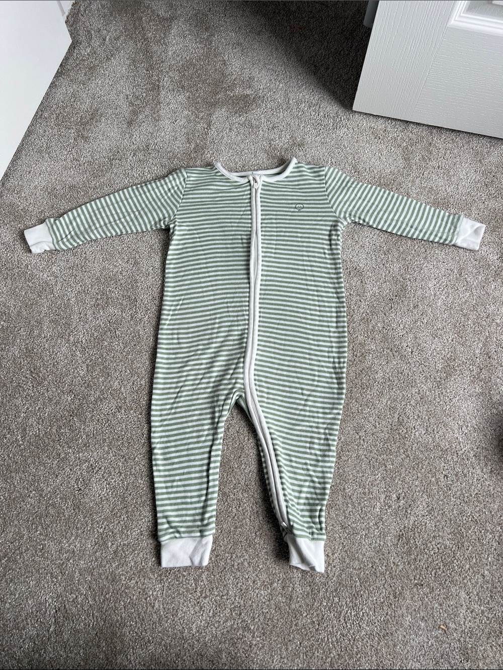 Striped Sage Green Zip-Front Footie One-Piece for Kids